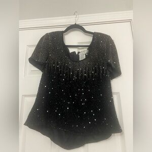 Papell Boutique Black Beaded Evening Blouse. Size X-Large
